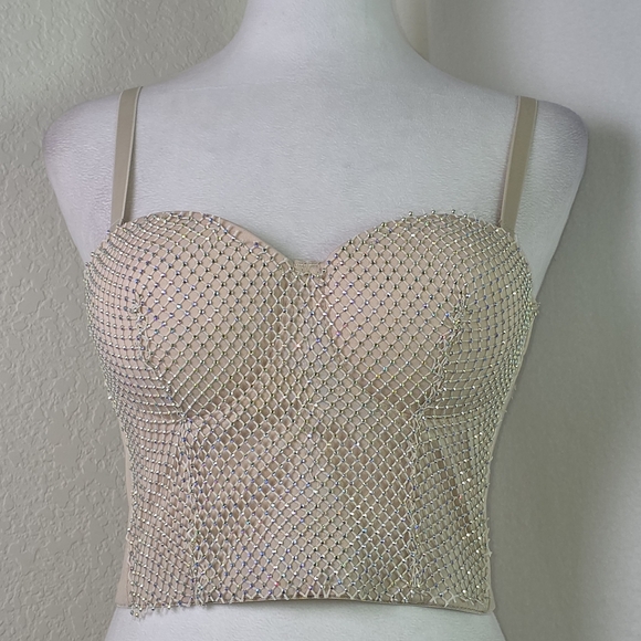 Mulla Tops - Mulla Nude Rhinestone Mesh Corset Bustier Top Sz Small (36B)